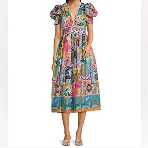 J. Marie Sloane Zodiac Celestial Print Bow Sleeve V-Neck Dress Nwt - Picture 3 of 9
